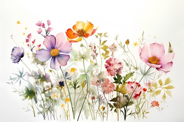 Watercolor summer bouquet with poppies, grass and wildflowers.