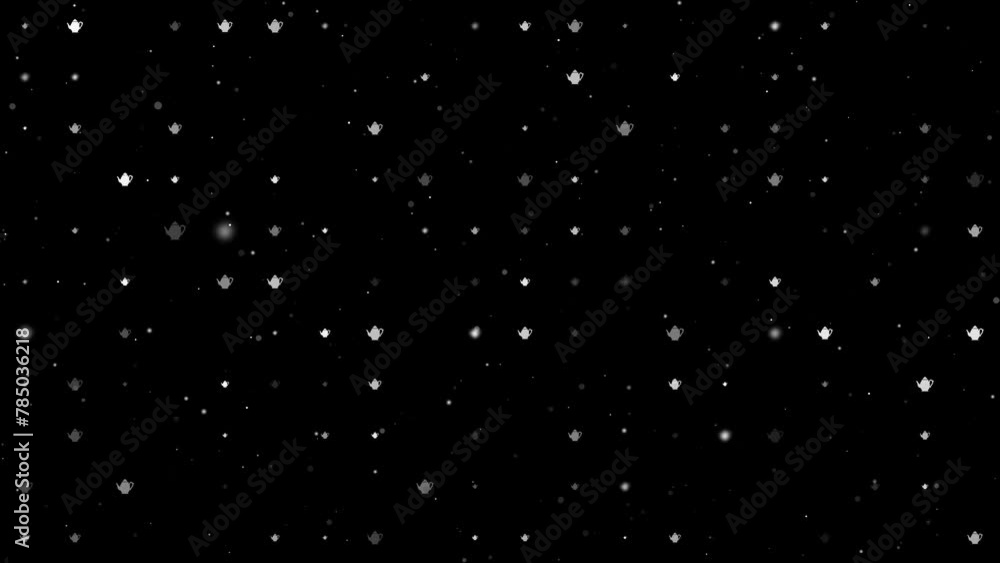 Poster template animation of evenly spaced teapots of different sizes and opacity. animation of transparenc