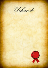 Blanko Vorlage Urkunde Zertifikat Dokument Diplom A4  altes Papier Papyrus Pergament gelb braun Papierrolle, Rand dunkler, Design Retro Chabby Chic, Hintergründe antikes rotes Wachs Siegel mit Band 