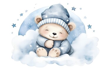 Cute cartoon teddy bear on cloud. Watercolor illustration.