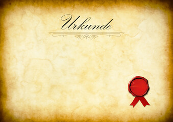 Papier A4 Papyrus Pergament alt Vintage handgesch&ouml;pft gelb braun mit Struktur Rand dunkler ungleichm&auml;&szlig;ig, Design Retro, chabby chic, Vorlage, mock up, Hintergr&uuml;nde, antik, rotes Wachs Siegel 