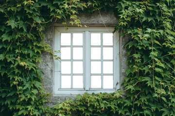 The walls of the house are white with empty windows covered with vines. Ivy grows covering the walls