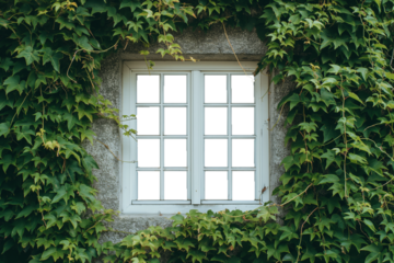 The walls of the house are white with empty windows covered with vines. Ivy grows covering the walls