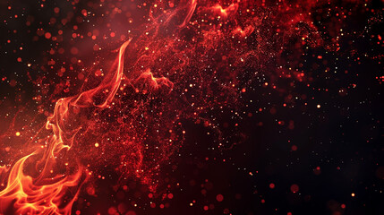Fototapeta na wymiar Red particle cascade, fiery unpredictability on black.