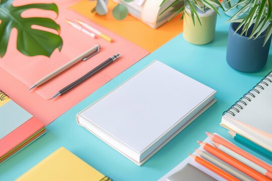 A mockup of a white notebook on a multicolored desk view from above. There are pens, pencils and plants nearby.