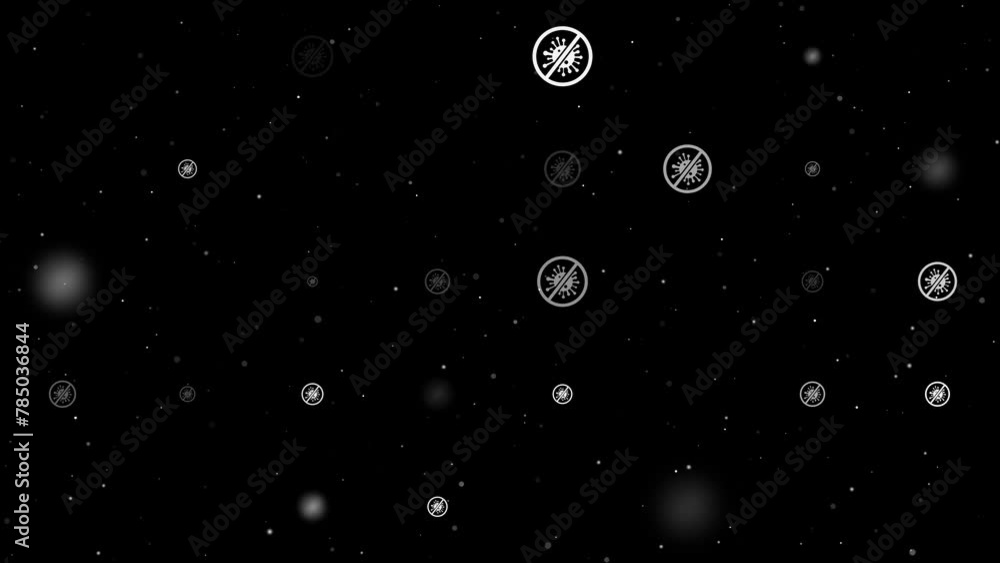 Poster template animation of evenly spaced stop coronavirus symbols of different sizes and opacity. animati