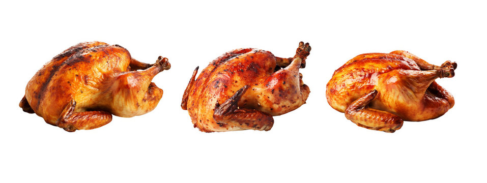 Set of whole roasted chicken isolated on transparent background.