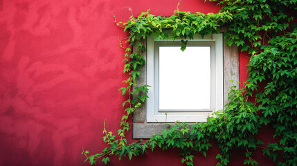 The red walls of the house with empty windows are covered with vines. Ivy grows covering the walls