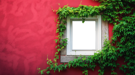 The red walls of the house with empty windows are covered with vines. Ivy grows covering the walls