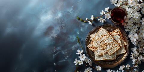 Top View of a Pile of Matzahs on a Silver Plate and Eliyahu's Cup with Wine, Surrounded by Cherry Blossoms on a Solid Blue Background for Passover