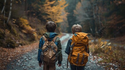 Fototapeta na wymiar Boys walking with backpacks on a woodland road