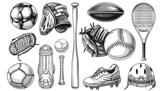 Set of sports equipment. Baseball football soccer and