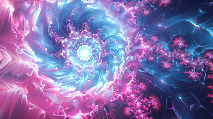 A neon fractal vortex in pinks and blues for a psychedelic, 3D abstract scene. - obrazy, fototapety, plakaty