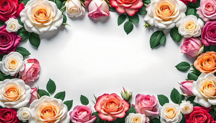 frischer Rahmen bunte Blumen Rosen Blüten des Frühling und Sommer voller Kraft und Farbe als Dekoration Hintergründe Vorlagen sommerlich leichte Gefühle florale Grußkarte Papier freier Raum im Zentrum
