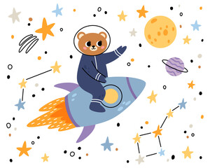 Bear in open space. Cute animal astronaut in space suits, flying on a rocket. Character exploring universe galaxy with planets, stars, spaceship for children print.
