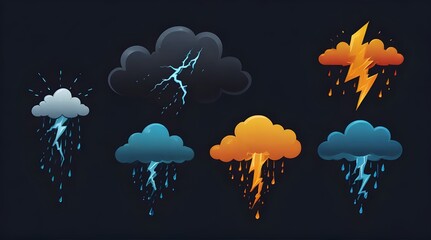 Set of Rain cloud thunderbolt with lightning and rain .Generative AI - obrazy, fototapety, plakaty