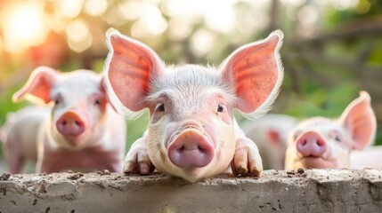 Curious Piglets Peering Over Fence.