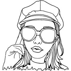 Summer Theme Woman Wearing Sunglasses Line Art Vector