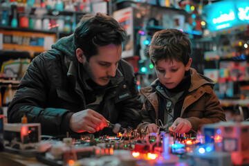 A father and son bonding over DIY electronics on a workbench cluttered with wires and components.