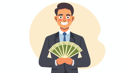 Smiling business man in suit standing holding fan of d