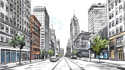 Downtown street view with buildings in Detroit City