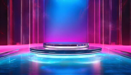 backdrop, creating an eye-catching platform to highlight background with bubbles an empty glass podium radiating under neon lights, set against a dynamic pink and blue 