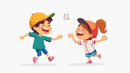 Fototapeta na wymiar Smiling preschool boy girl kids playing with baseball