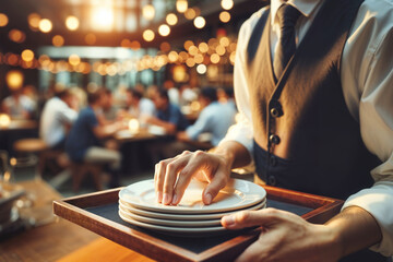 Waiter Carrying Plates in Busy Restaurant Atmosphere