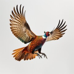 A vibrant pheasant with spread wings captured mid-flight against a clear background.