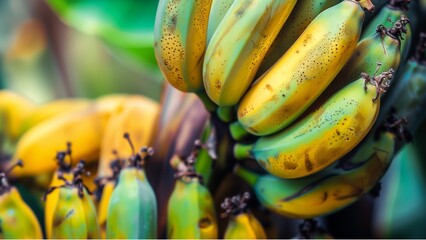 bananas on a market, fruit in market or farm concept,  a group of ripe banana fruits closely