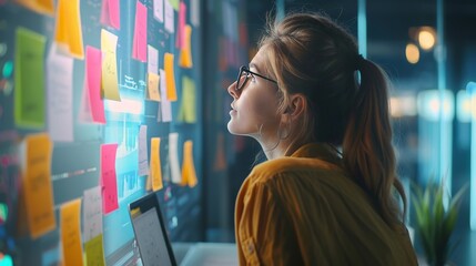 A creative brainstorming session over a video call, with sticky notes on a wall and a digital whiteboard filled with ideas, illustrating collaboration in remote teams.