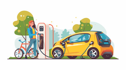 Smiling woman charging electric car at recharging powe