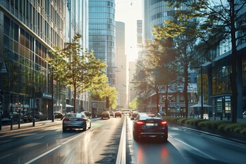 Cars moving traffic jam driving on the urban or city road at dusk in summer Transport in the city