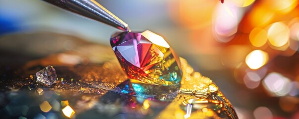 Macro of a vibrant shiny gem being set by a craftsman into a ring showcasing gemology skills - obrazy, fototapety, plakaty