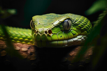 An HD image showcasing the intense gaze of a green snake, its eyes reflecting a blend of curiosity and stealth, with a backdrop of lush foliage adding to the natural allure. - obrazy, fototapety, plakaty