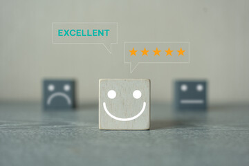 Happy smiley face icon of best excellent service rating experience in front of neutral and sad...