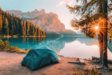 Pitching a tent in a remote wilderness, surrounded by towering peaks and alpine lakes, wanderlust. - obrazy, fototapety, plakaty