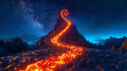 3D lava spiral flows from a peak against the night sky, in stark orange and red.
