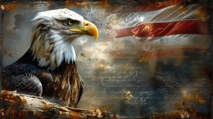 Digital composite: American bald eagle and flag is underlaid with the handwriting of the US Constitution - obrazy, fototapety, plakaty