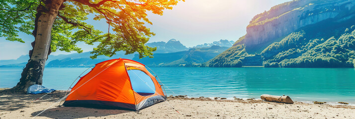 Pitching a tent in a remote wilderness, surrounded by towering peaks and alpine lakes, wanderlust.