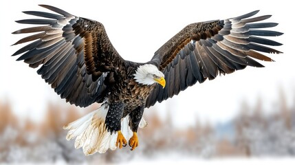 The magnificent North American Bald Eagle, a symbol of strength and freedom, soaring majestically with its distinctive white head and impressive wingspan across the sky. - obrazy, fototapety, plakaty