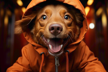 An energetic brown pup in a trendy orange hoodie, caught mid-leap with ears flopping against a vibrant red background. - obrazy, fototapety, plakaty