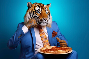 An endearing tiger in a stylish suit, indulging in a pizza feast on a bright blue background. - obrazy, fototapety, plakaty