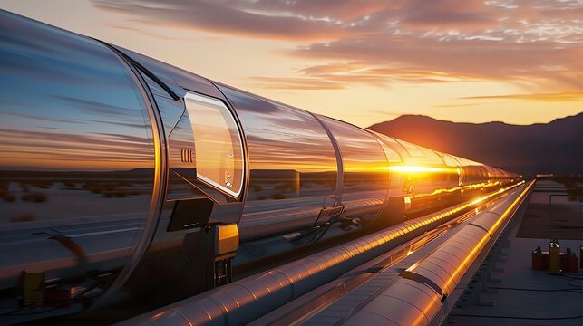 Hyperloop station at sunset, sleek design, long perspective, futuristic silvers and blues