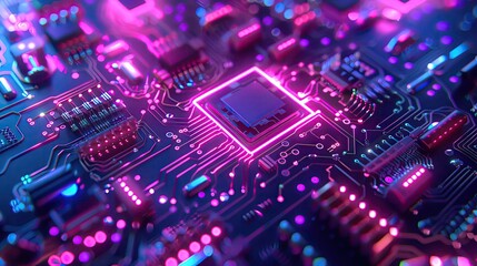 Obraz premium Quantum computing circuits closeup, neonlit quantum bits pulsating, complex and mesmerizing
