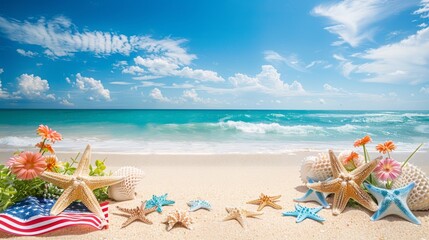 A patriotic USA-themed featuring starfish and decorations on a sandy beach.