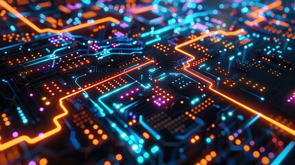 Quantum computing circuits closeup, neonlit quantum bits pulsating, complex and mesmerizing - obrazy, fototapety, plakaty