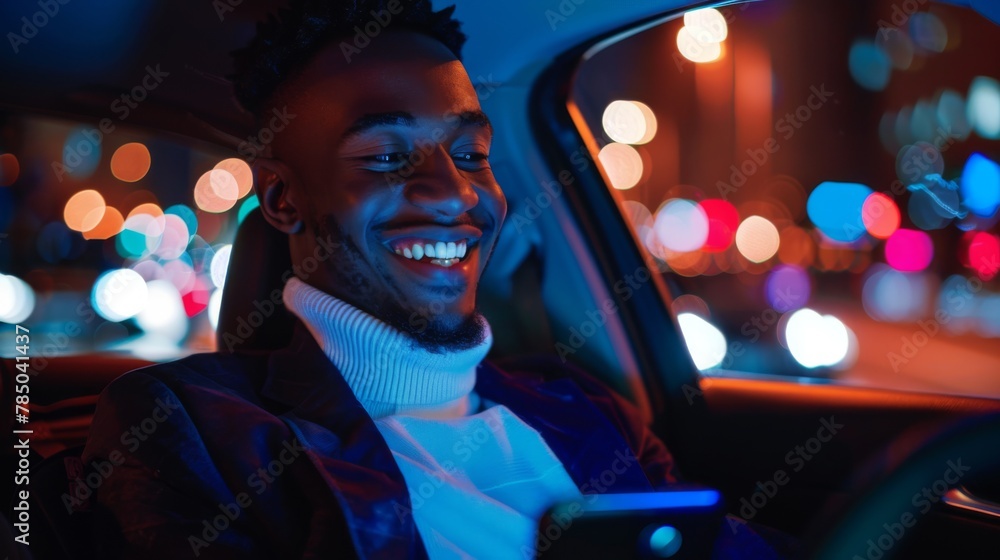 Poster a joyful driver with smartphone