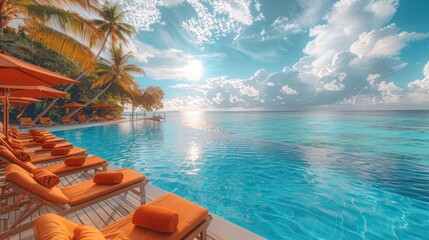 Stunning landscape. swimming pool blue sky with clouds. Tropical resort hotel. Fantastic relax and peaceful vibes. chairs. loungers under umbrella and palm leaves. Luxury travel vacation - obrazy, fototapety, plakaty