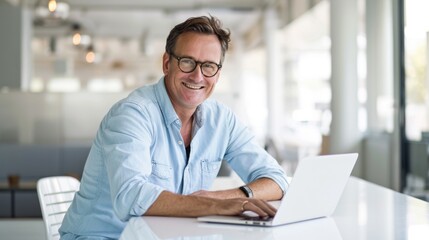 Smiling Man with Laptop at Office